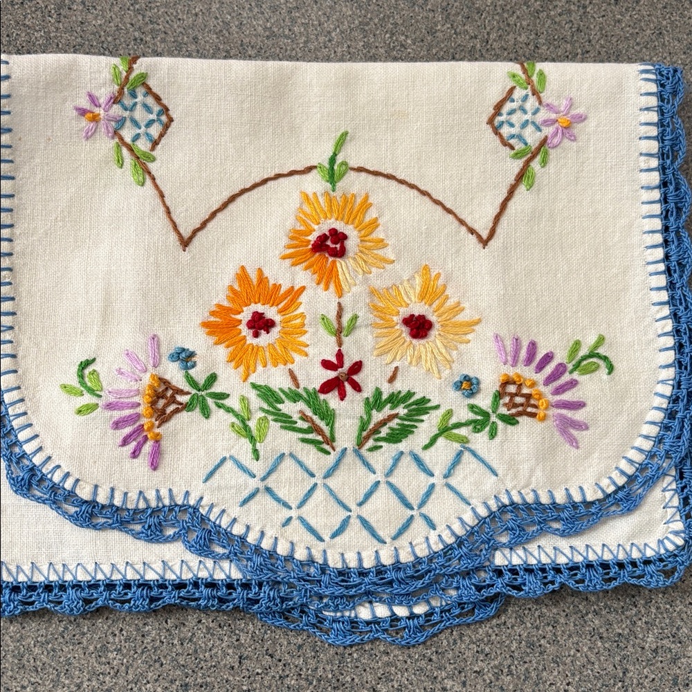 Crocheted and Embroidered Floral Table Linens Set
